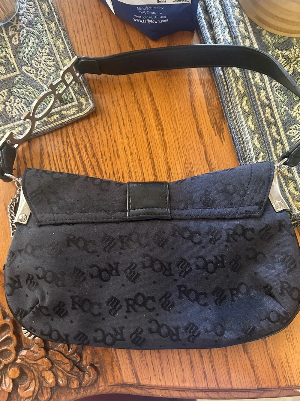 Rocawear Black Monogram Shoulder Bag with Rhinestone Emblem VGUC